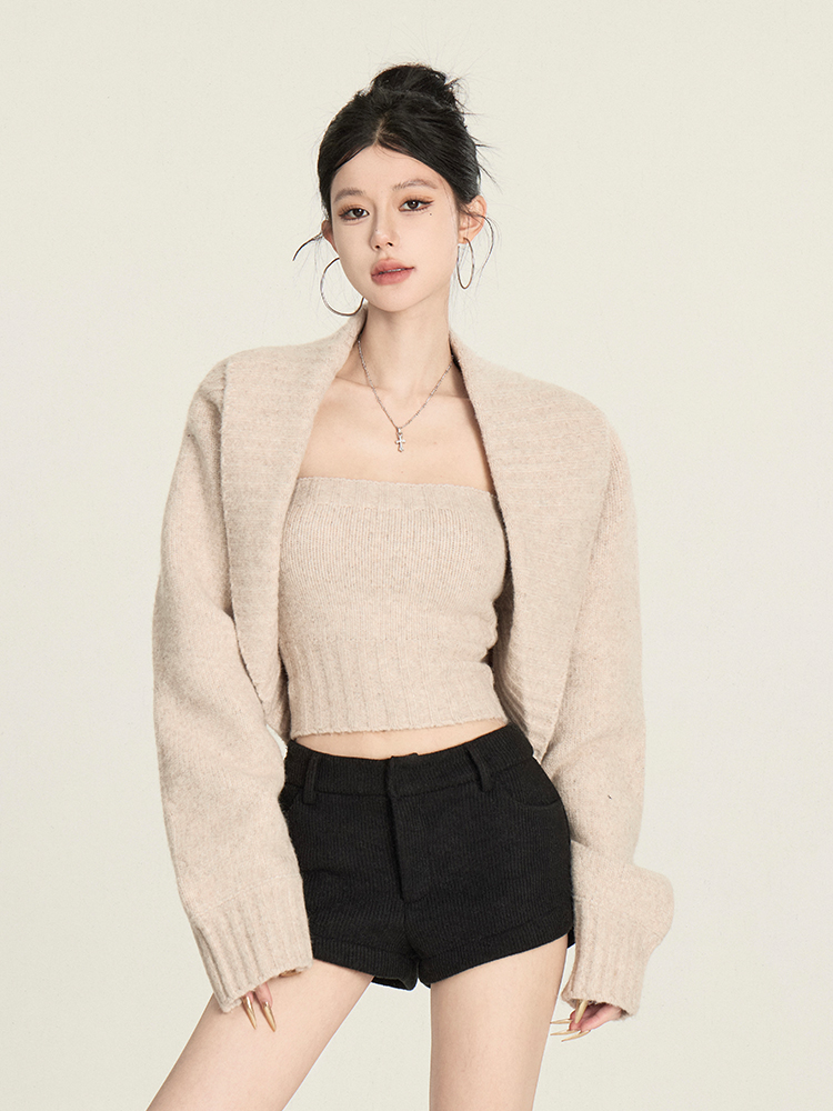 Lapel Shawl Sweater Coat Strapless Women's Winter Knitted Top Loose Vintage Style Blouse for Cozy Layering