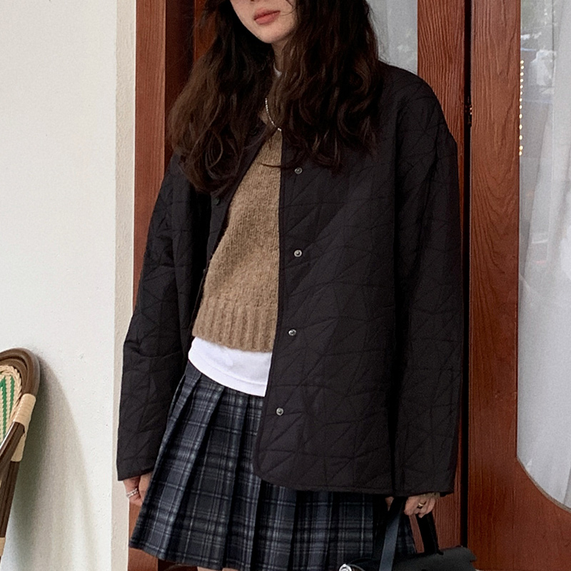 Layered Base Round Neck Short Jacket for Women - Warm Versatile Cotton Coat for Autumn Winter 2022 in Classic Black - Y2K Style