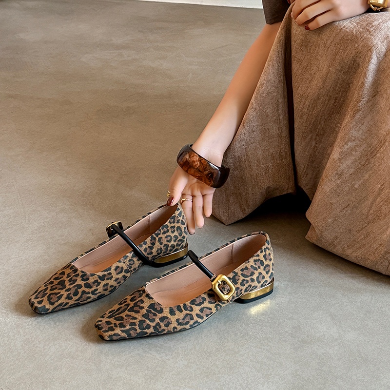 Leopard Print Chunky Heel Mary Jane Shoes - Spring Autumn Shallow Mouth Square Toe Sheepskin Flats for Stylish Comfort