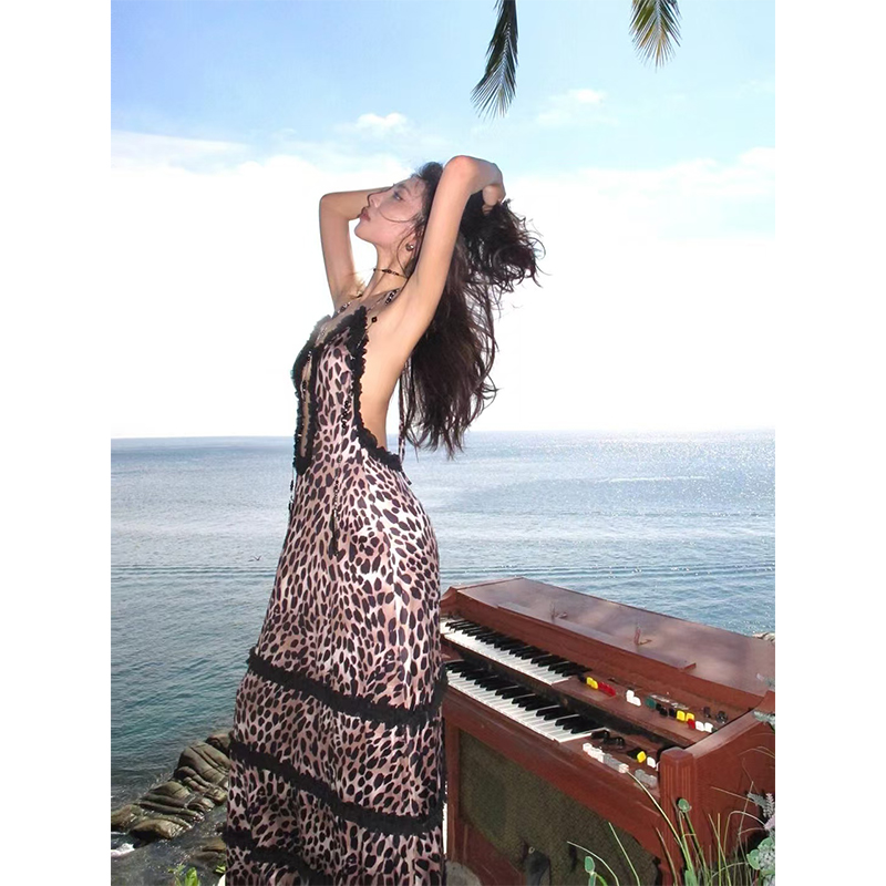 Leopard Print Spliced Lace Dress with Hollow Back - Sexy European and American Style Long Dress for Hot Girls