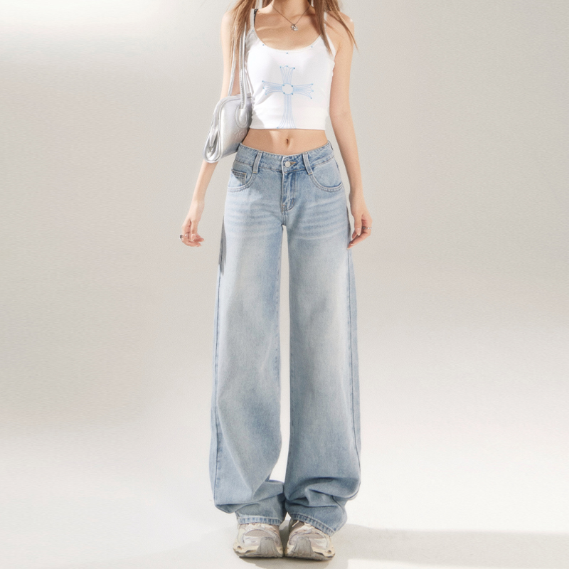 Light Blue Low-Waist Wide-Leg Jeans for Women - Retro 2025 Spring Summer Loose Draped Straight-Leg Floor-Length Pants