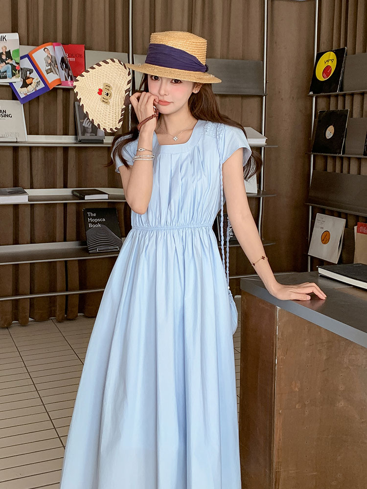 Light Blue Square Collar Waist-Defining A-Line Dress for Women - 2025 Summer French Style Vacation Long Skirt