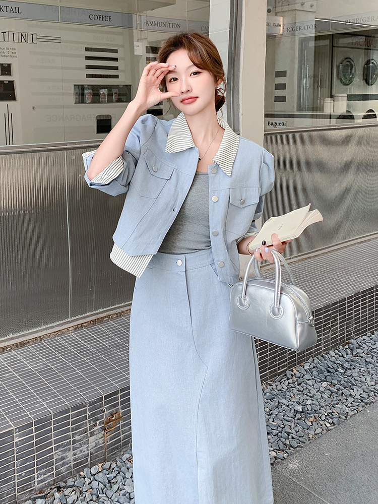 Light Blue Striped Patchwork Two-Piece Jacket and Skirt Set for Women – 2025 Summer Korean Style Elegant Casual Outfit