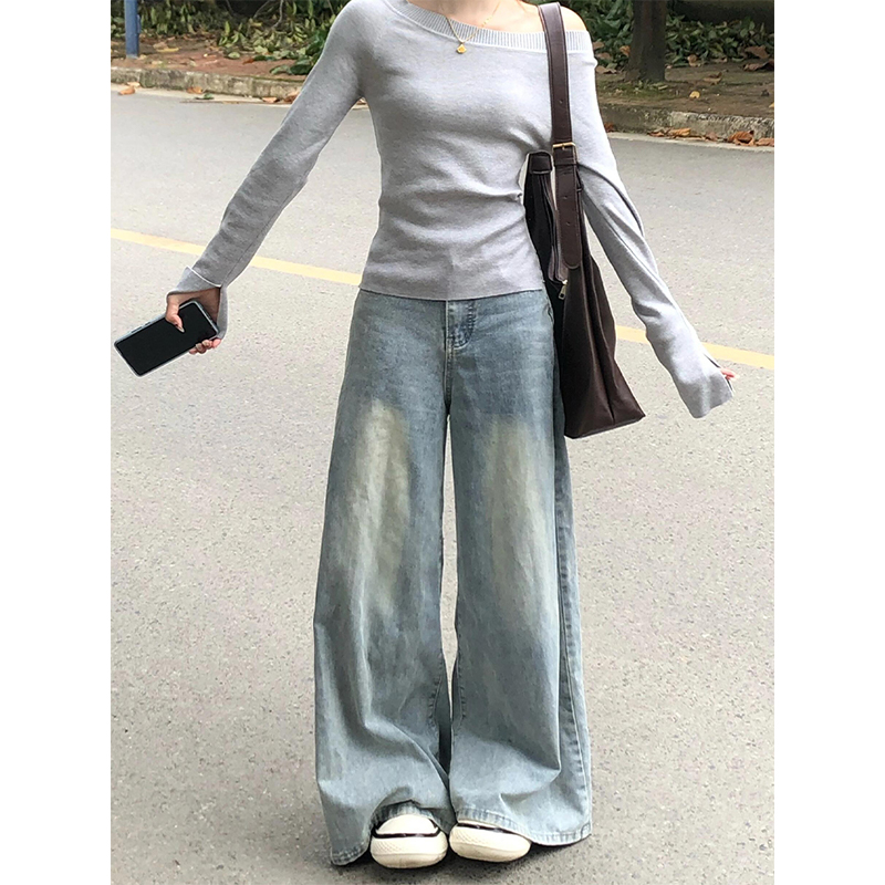 Light Blue Wide-Leg High-Waisted Jeans for Women, Summer Loose Fit Straight-Leg Floor-Length Pants, Versatile Fashion Essential