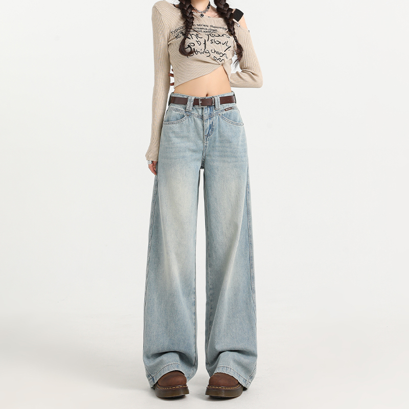 Light Blue Wide-Leg Jeans for Women - High-Waisted, Plush, Slim-Fit, Loose Draped Floor-Length for Autumn Winter 2024