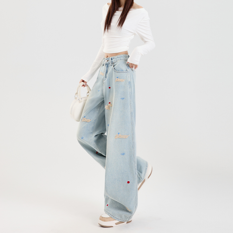 Light-Colored Embroidered Wide-Leg Denim Pants for Women - 2024 Autumn/Winter Plush Loose Straight Floor-Length Style