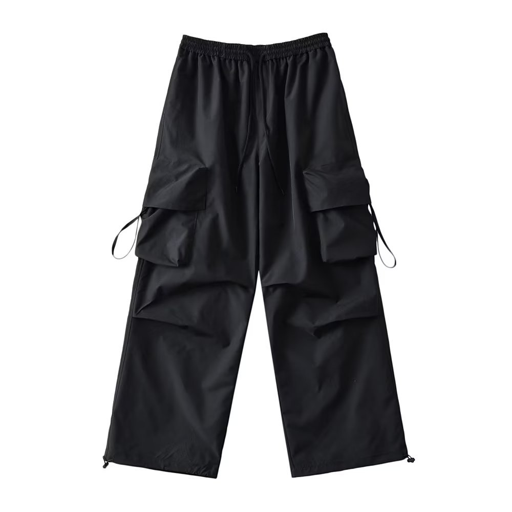 Loose Black Cargo Pants for Women with Large Pockets, Elastic Waist, Drawstring, Flowing Straps, Straight Leg - Y2K Dance Long Pants