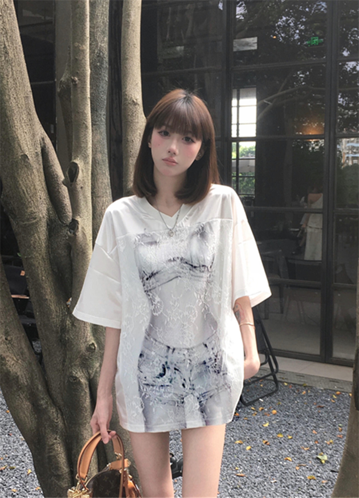 Loose-Fitting American Retro Body Print Short-Sleeve T-Shirt - Summer Oversized Sheer Sexy Top for Y2K Style