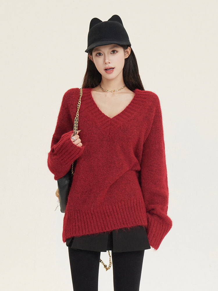 Loose V-Neck Pullover Sweater for Women, Flattering Knit Top, Mid-Length Autumn Winter Fashion