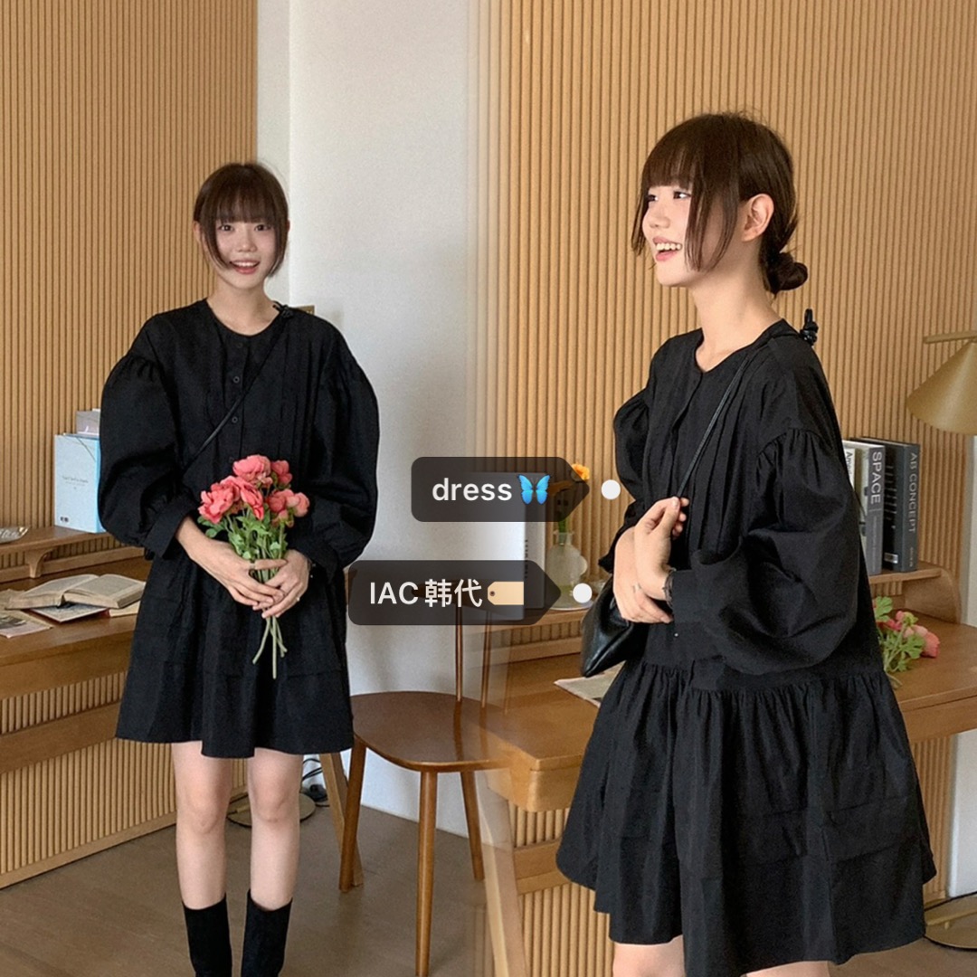 Luxury Dark Pleated Button Cake Dress - Korean Style Elegant Evening Dress for Special Occasions
