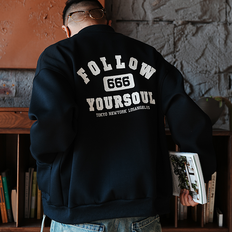 Men's Heavyweight American Baseball Jacket with Embroidered Letters, Trendy Zipper, Loose Shoulders, Long Sleeves, and Hoodie Style