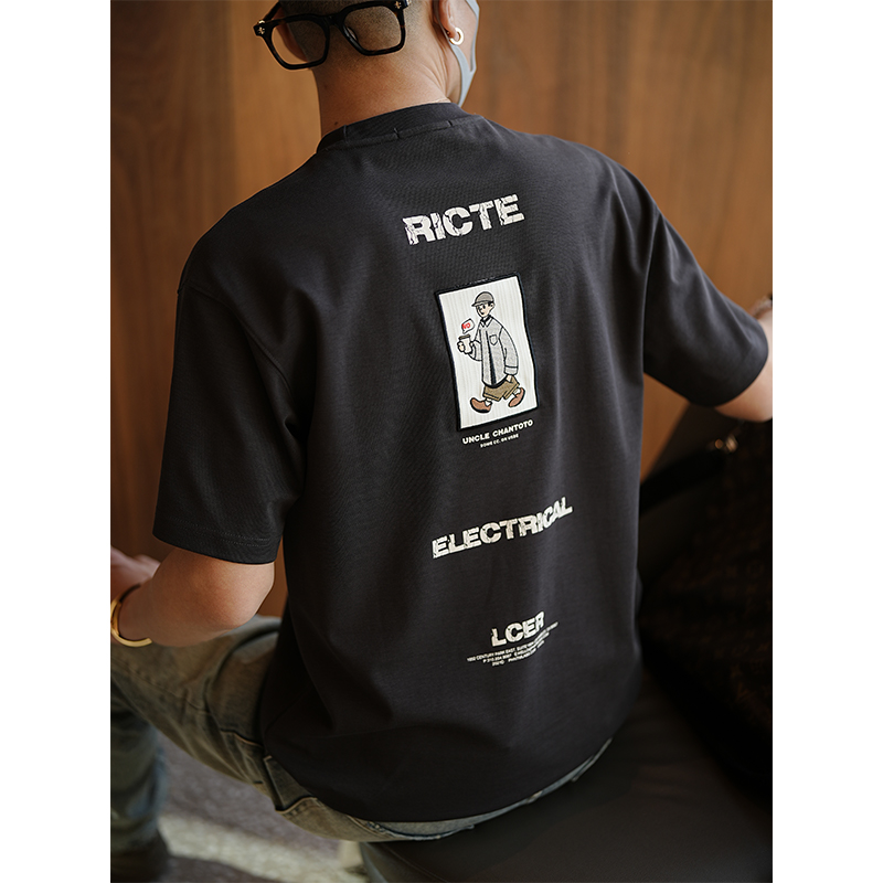 Men's Japanese-style Retro Cartoon Character Embroidery Short Sleeve T-shirt - Trendy Summer Round Neck Base Tee