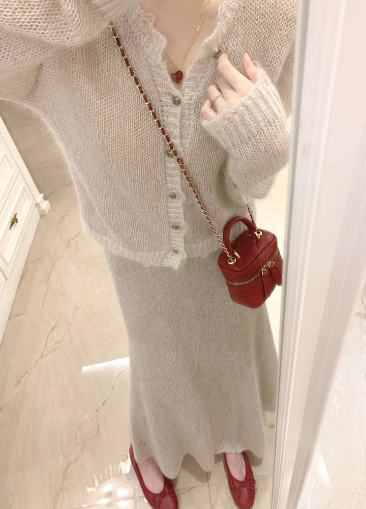 Merino Wool Shiny Yarn Knitted Cardigan Top for Women, Sheer A-Line Fitted Pencil Skirt, Chic Autumn Style, Cozy Layering Essential