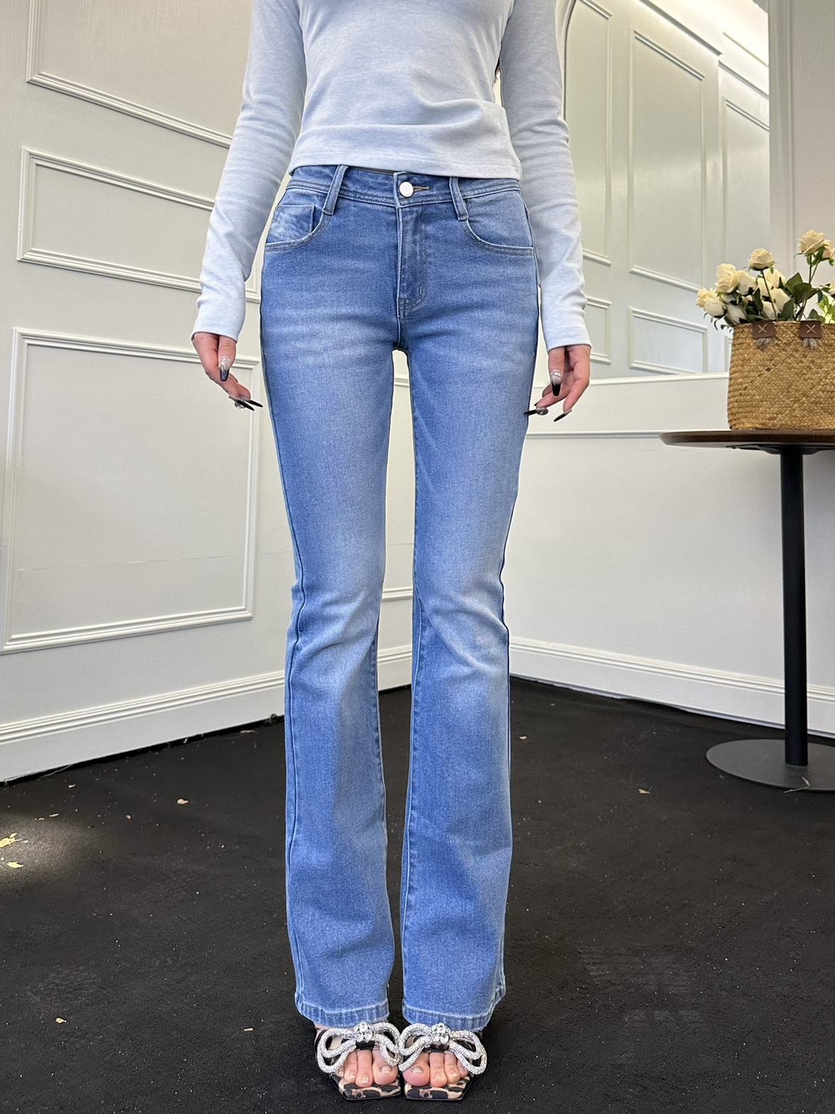 Mid-Rise Flared Jeans with Comic Leg Design in Fresh Water Blue - Slimming Fit, Trendy 90s Style