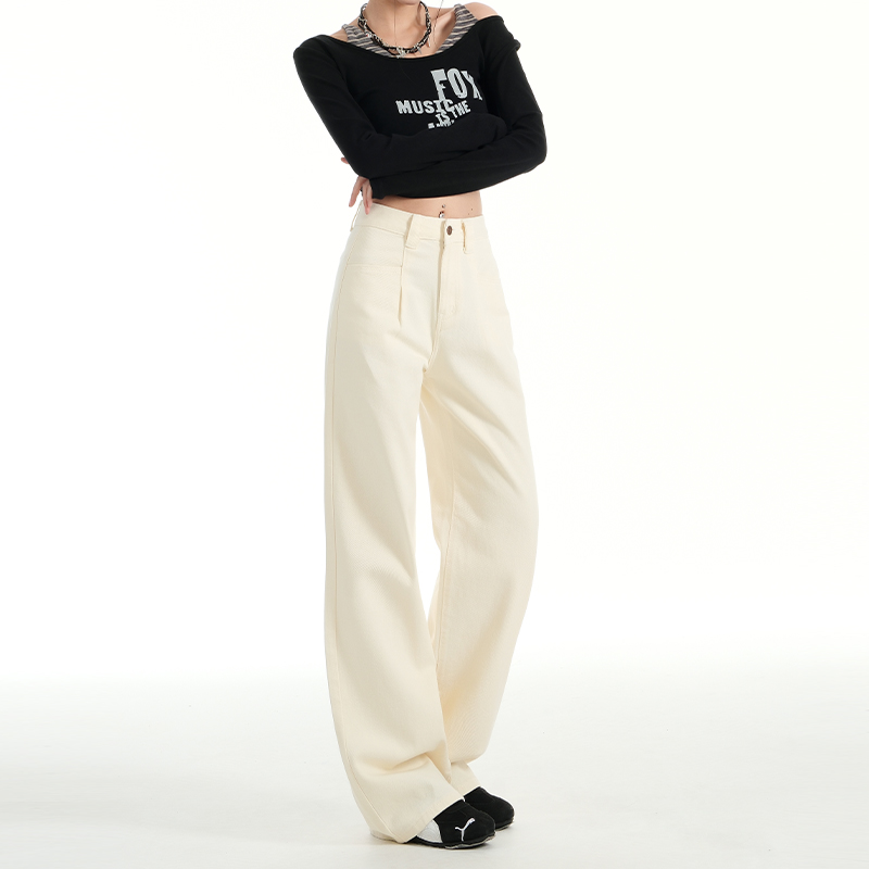 Milk Apricot Pleated Fleece Wide-Leg Jeans for Women – High-Waisted, Loose-Fitting, Versatile Straight-Leg Pants for Autumn & Winter, Petite Sizes
