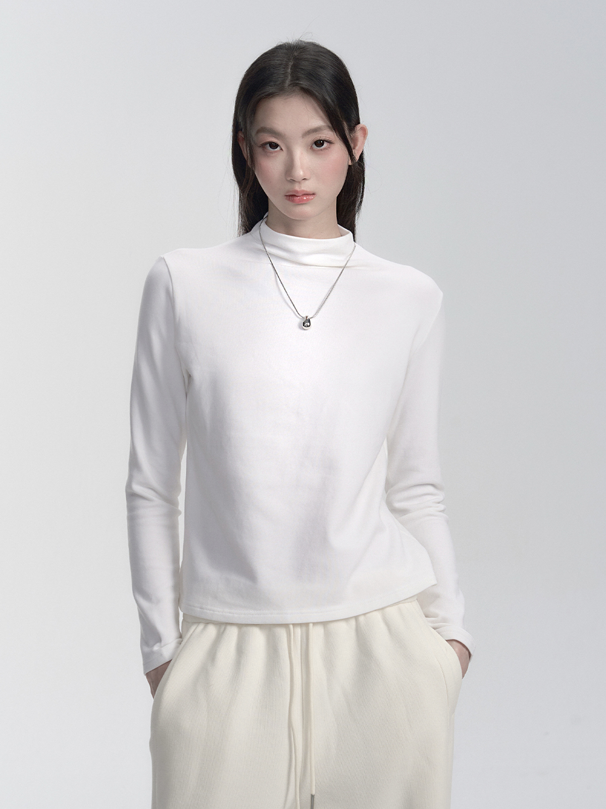 Milk Blue Cream Puff Warm Fleece Basic Half High Neck Knitted Layer Top - Cozy Winter Essential, Perfect for Layering and Casual Style