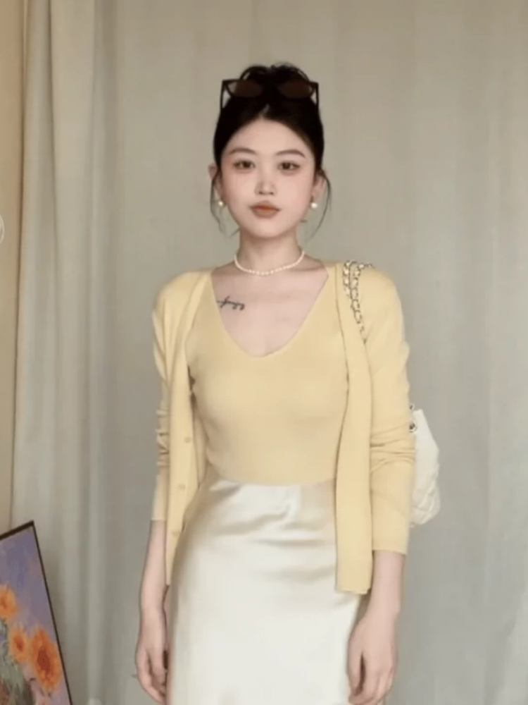 Milk Yellow Knitted Cardigan for Women - Spring Slim Fit Flattering Short Sweater Top Two-Piece Set, Perfect for Stylish Layering