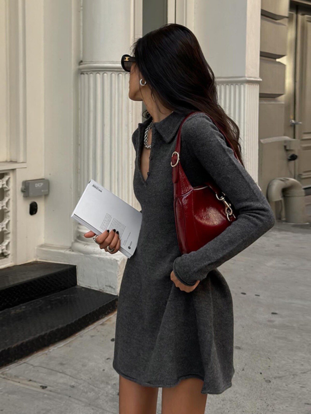 Minimalist Casual Long Sleeve Polo Collar Dress for Women - Slim High Waist Knitted Skirt - Eccentric Autumn Style