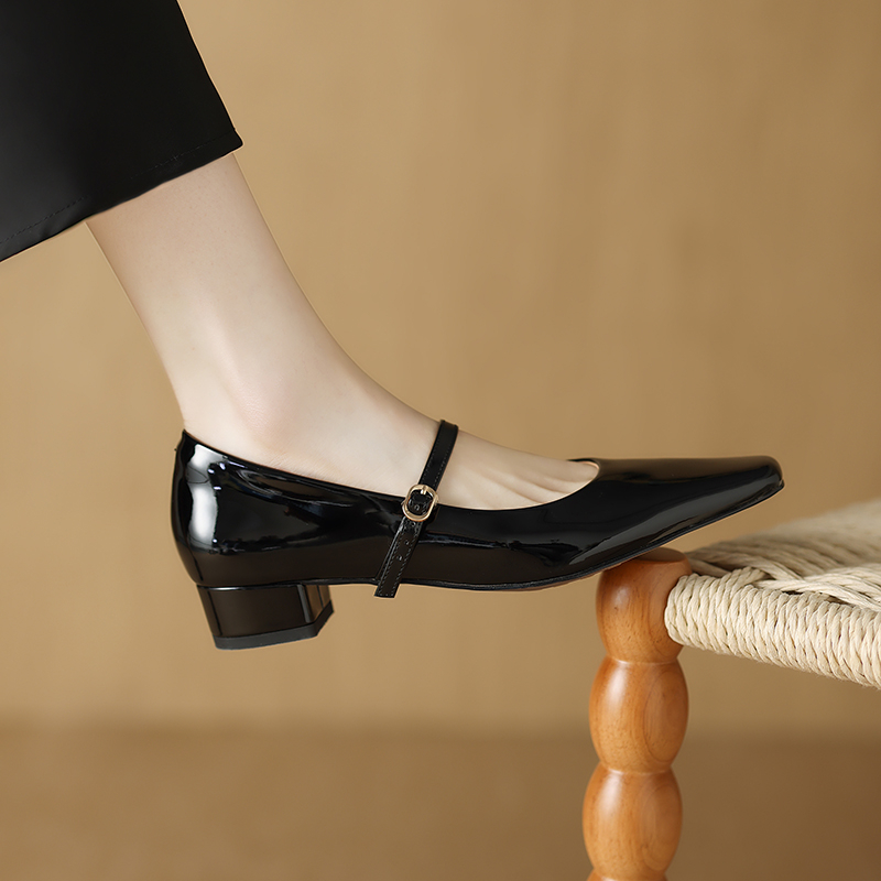 Minimalist French Square-Toe Black Low-Heeled One-Strap Mary Jane Shoes for Women - Genuine Leather Flats