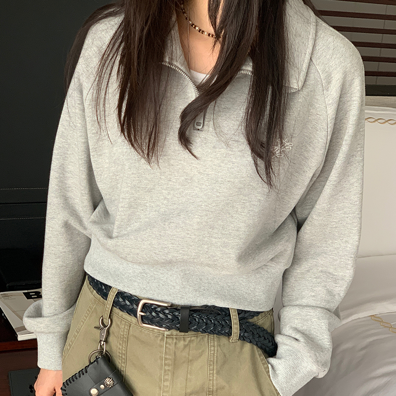 Minimalist Gray Half-Zip Sweatshirt for Women - Casual Long Sleeve Top for Autumn 2023, American Style Fashion