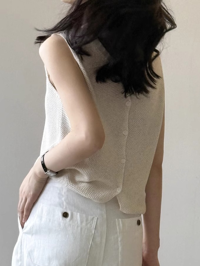 Minimalist Linen Knitted Hollow Vest for Women - 2025 Summer Back Button Sleeveless Cardigan Top