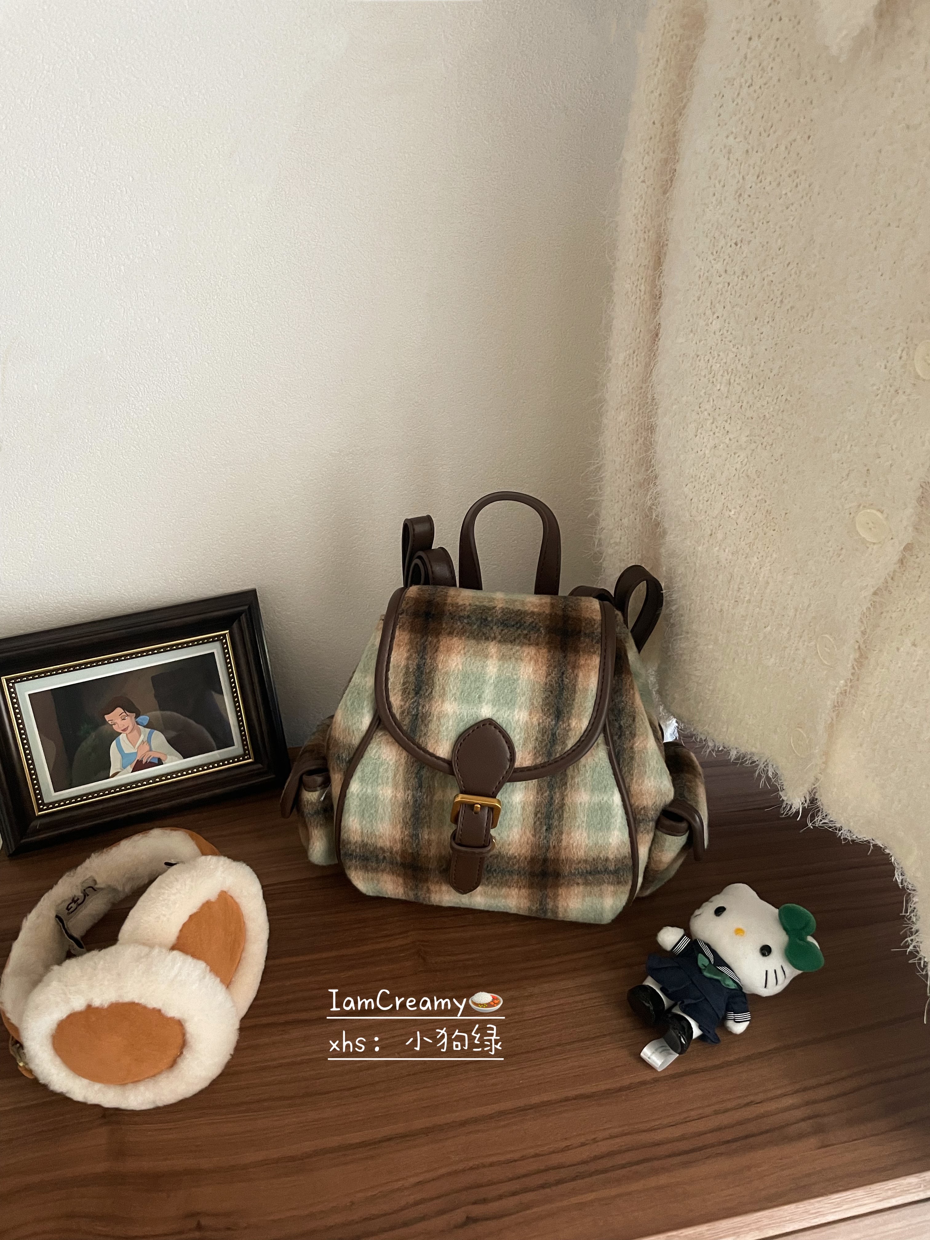 Mint Coffee Plaid Double Shoulder Small Backpack - Korean Style Retro Wool Bag for Autumn and Winter Fashion