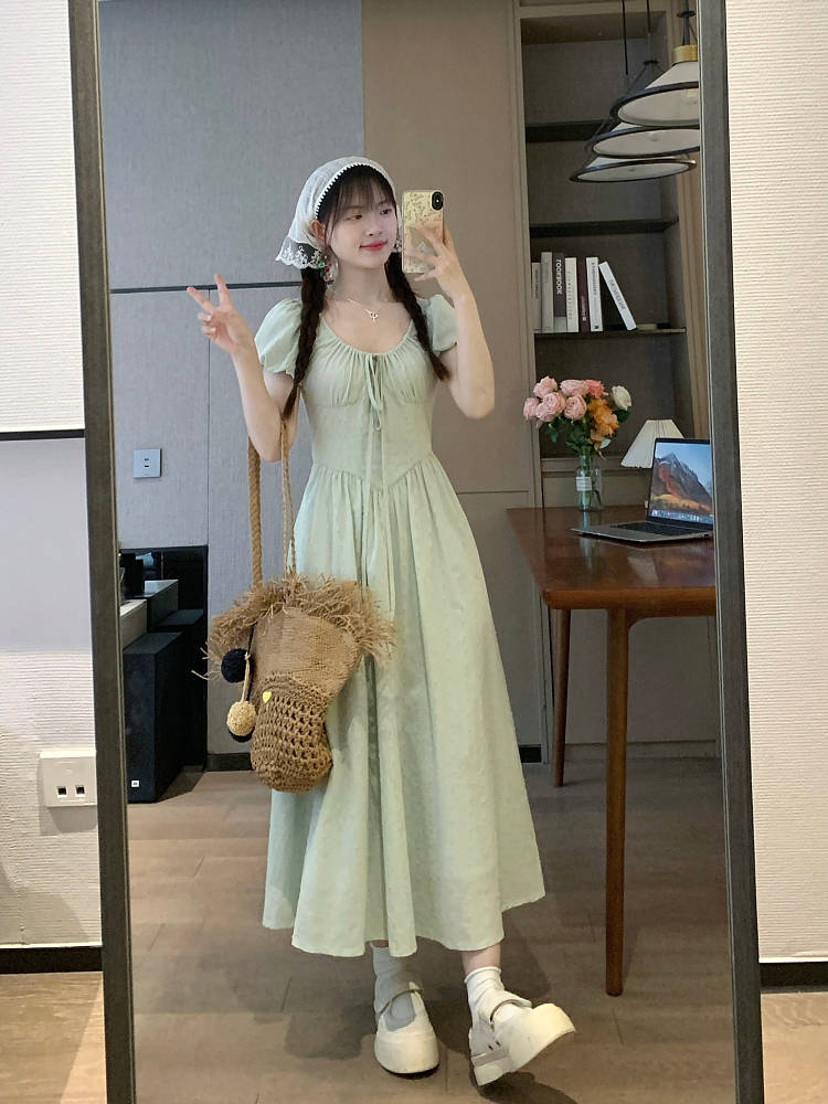 Mint Green Minimalist High-End Short Sleeve Dress for Summer - Sweet Momo Style, Perfect for Casual Outings and Y2K Fashion Trends