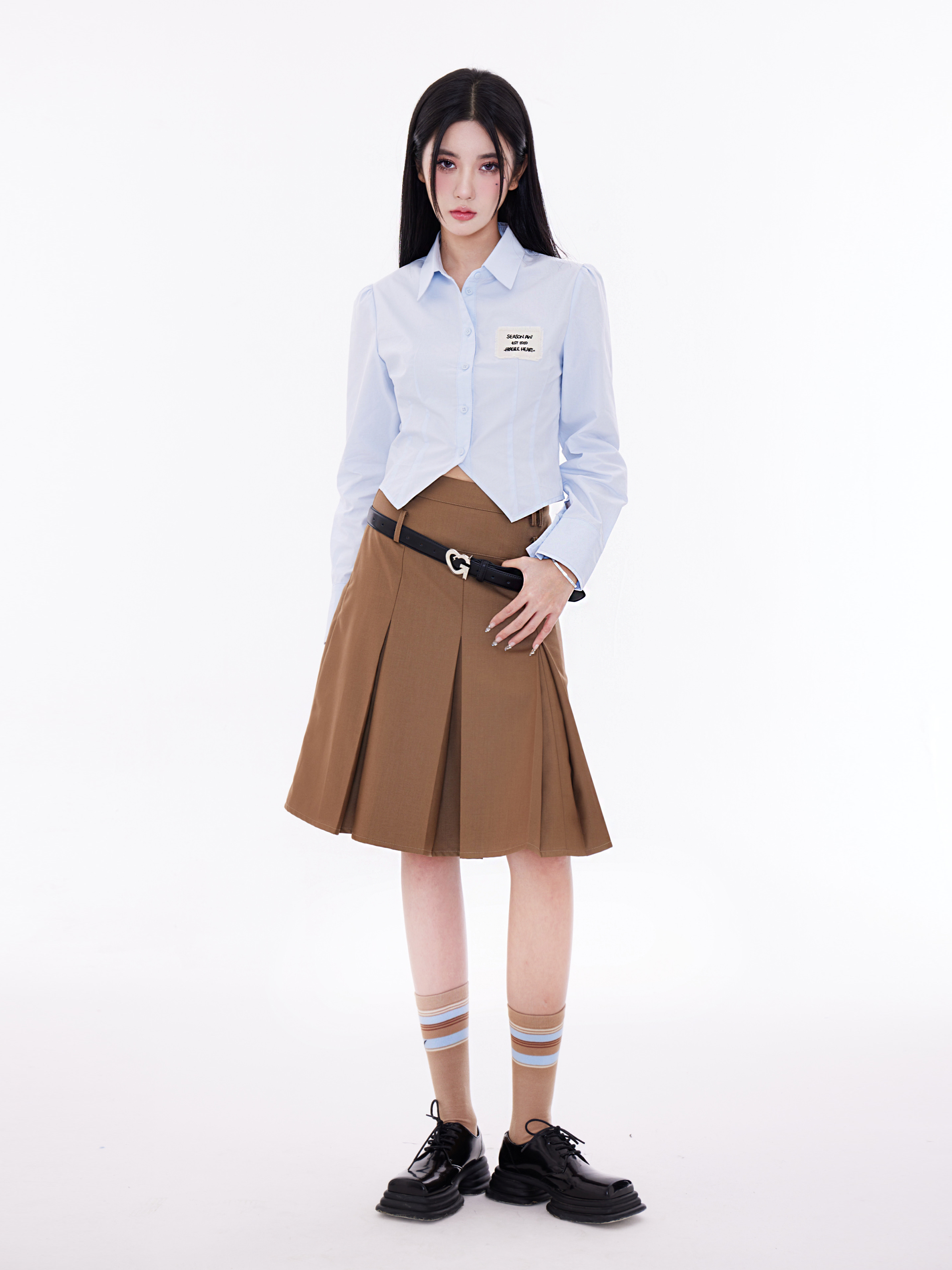 Mint Sea Salt Waist-Defined Commuter Shirt for Women - Blue Top in Trendy Korean Style, Perfect for Everyday Wear