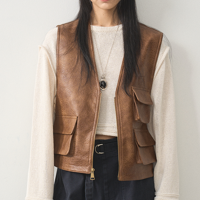 Multi-Pocket V-Neck Leather Vest in Coffee Color - Women's PU Leather Waistcoat Outerwear, Trendy 90s Style Fashion