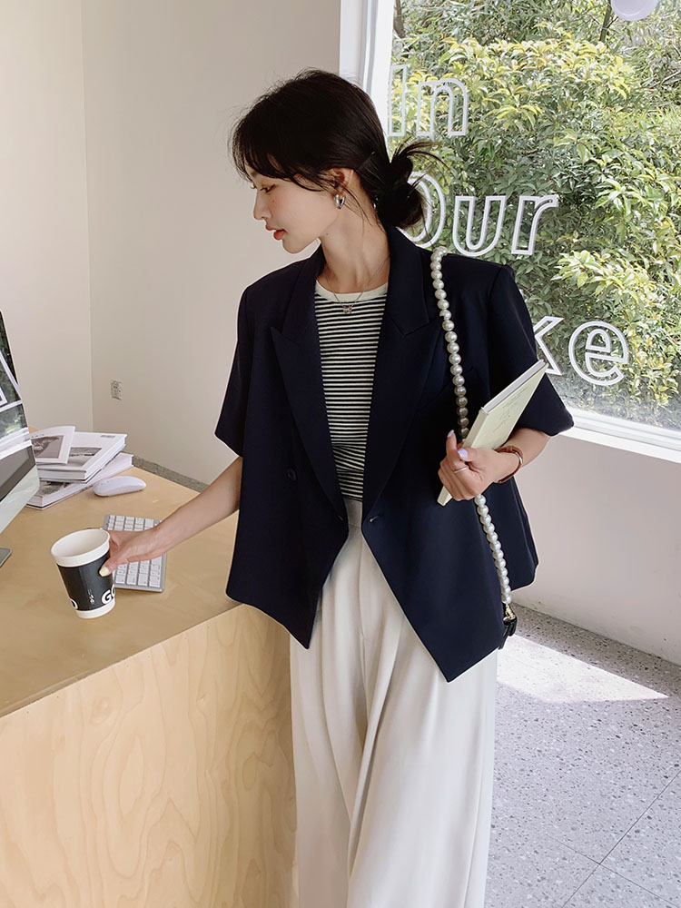 Navy Blue Korean-Style Short Sleeve Suit Set for Women, Elegant Casual Two-Piece Wide-Leg Pants for Petite Sizes - Summer 2025