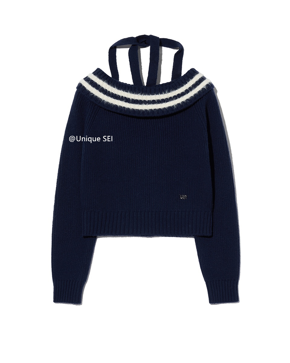 Navy Blue Off-Shoulder Tie-Knit Top & Jacquard Short Skirt Two-Piece Set for Winter, Unique Stylish Look, Perfect for 90s and Y2K Fashion