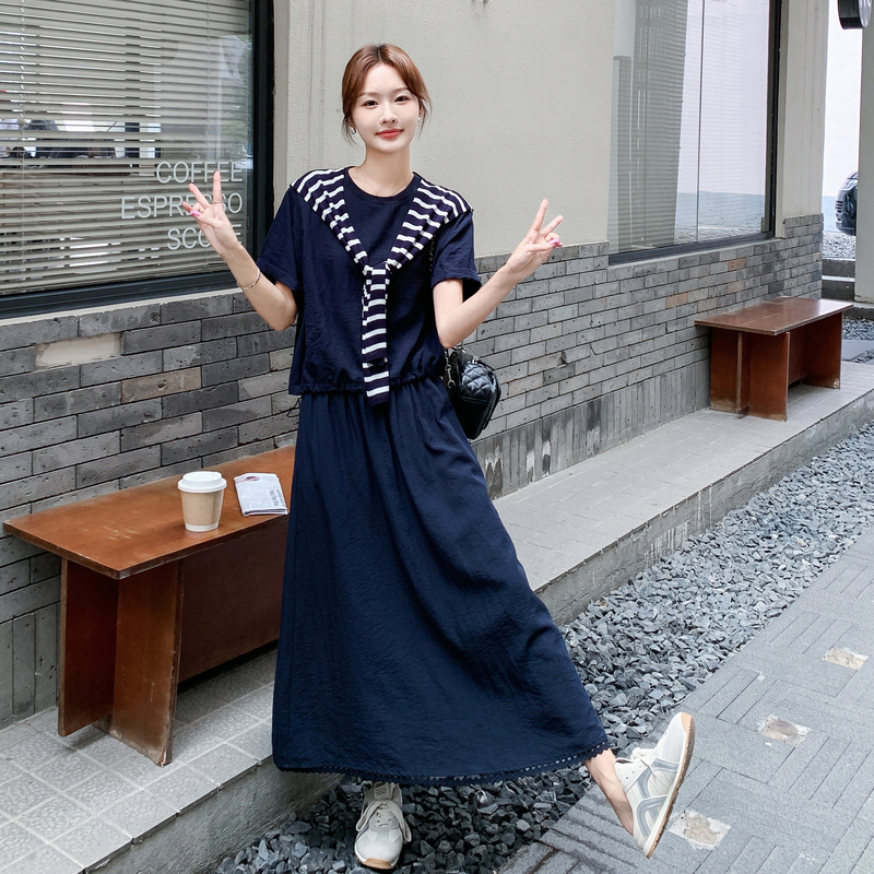 Navy Blue Puff Sleeve Top with Striped Shawl & Half Skirt Set - Women's 2025 Summer French Style Slim Two-Piece Outfit