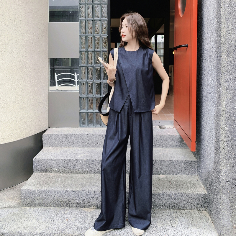 Navy Blue Retro Thin Sleeveless Top and Slim Long Pants Two-Piece Set for Women - Elegant Summer Style