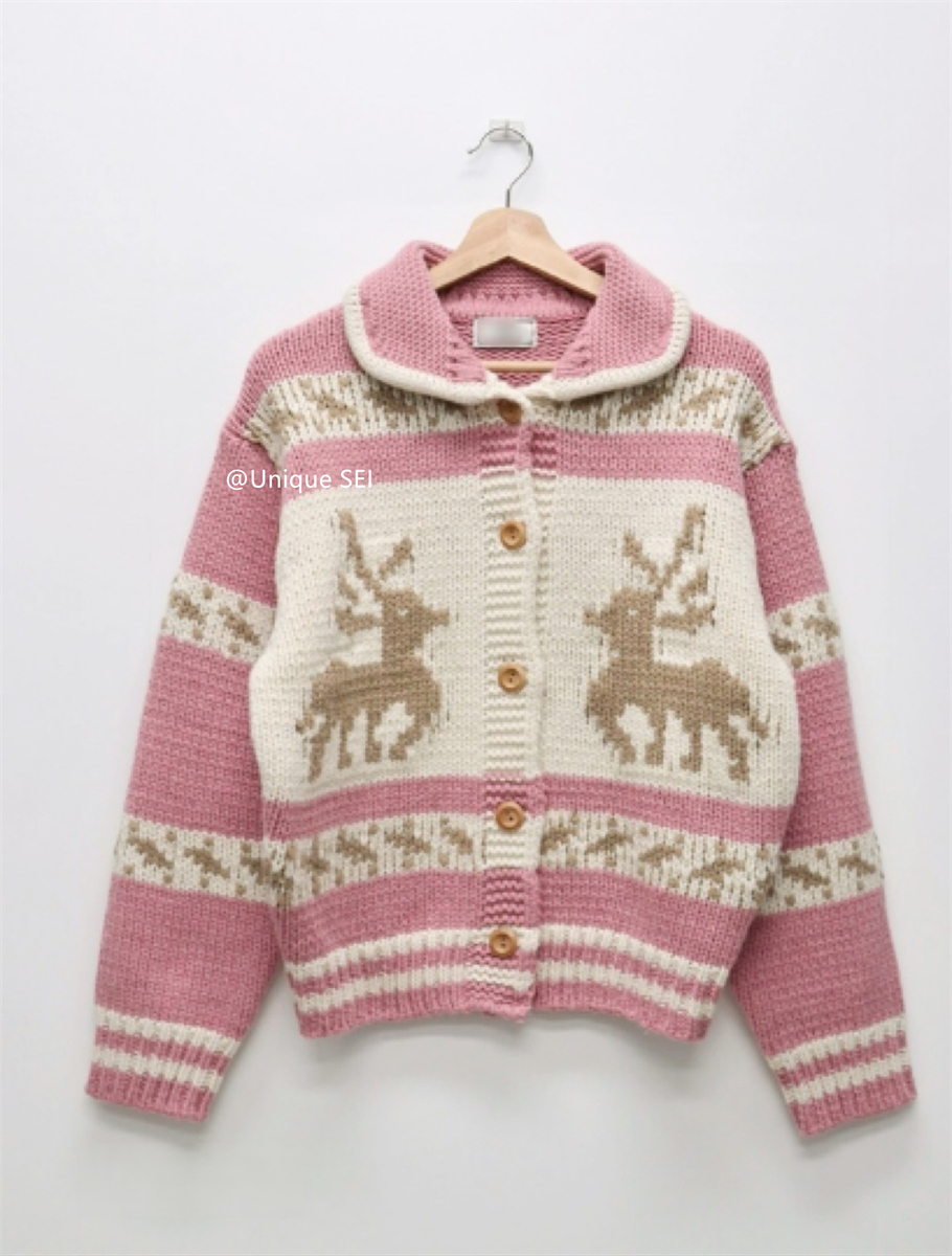 Nordic Retro Thick Knitted Sweater Coat in Cream - Winter Warm Deer Design, Low-Saturation Aesthetic, Cozy Fashion Essential