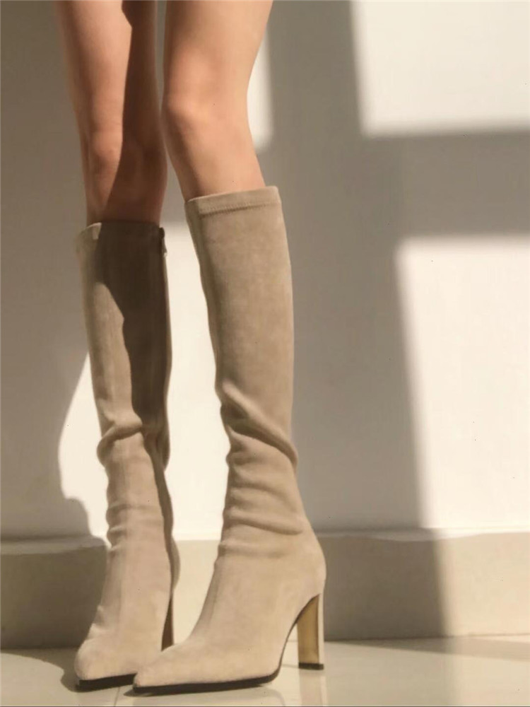 Nude Over-the-Knee High Heeled Boots for Women - Stretchy Slim-Fit Chunky Heel Thigh-High Style for Autumn Winter 2024
