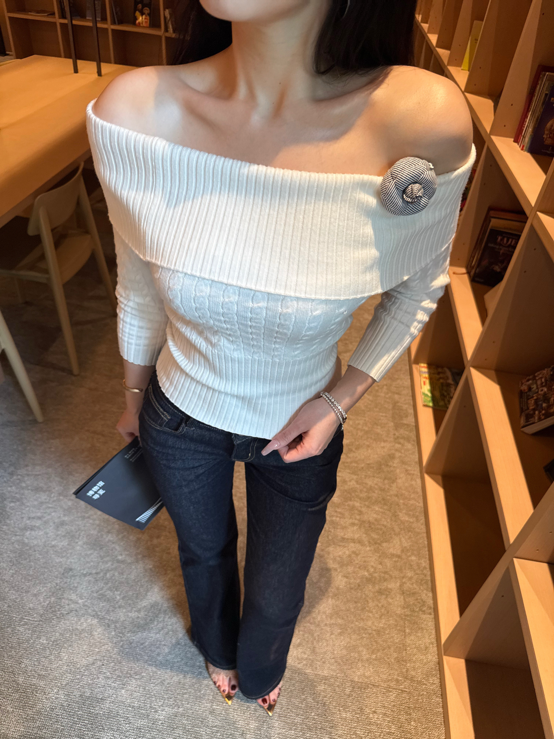 Off-Shoulder Cable-Knit Sweater | Knitted Top with Gentle Charm | Storytelling Feel | Cozy Fashion for Fall/Winter