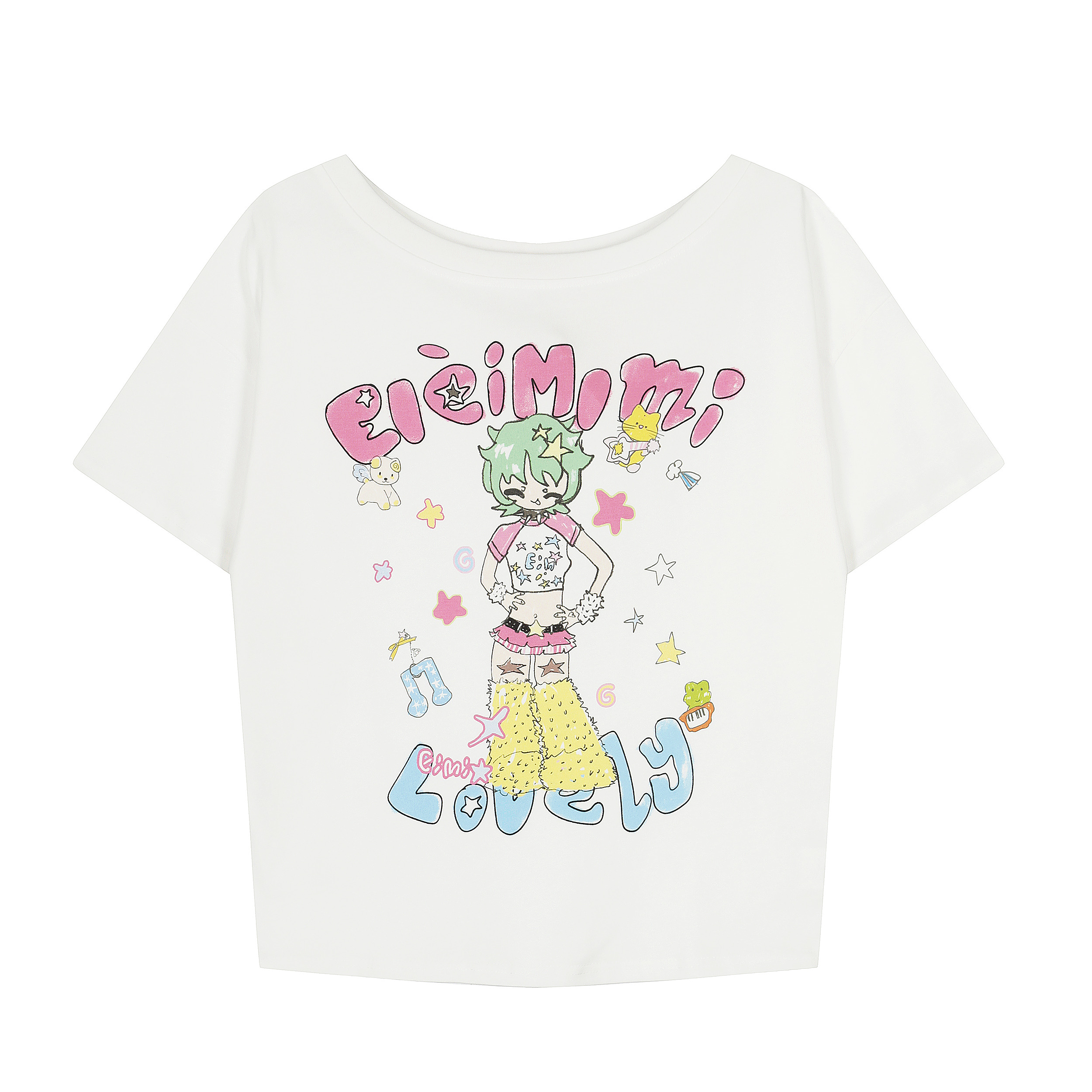 Off-Shoulder Cartoon Print Short Sleeve Women's Loose Casual Summer T-Shirt - Retro Street Style Inspired by 90s American Fashion