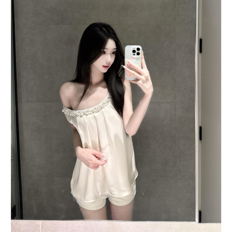 Off-Shoulder Diamond-Embellished Sleeveless T-Shirt for Women - Elegant Summer Top, Loose Fit, Slimming Design, Sexy Casual Style
