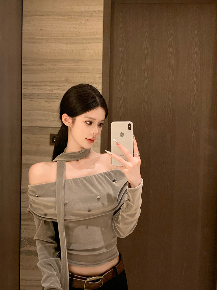 Off-Shoulder One-Shoulder Gray Velvet Long Sleeve Top - Retro Autumn Winter Fashion Base Layer for 90s Y2K Style