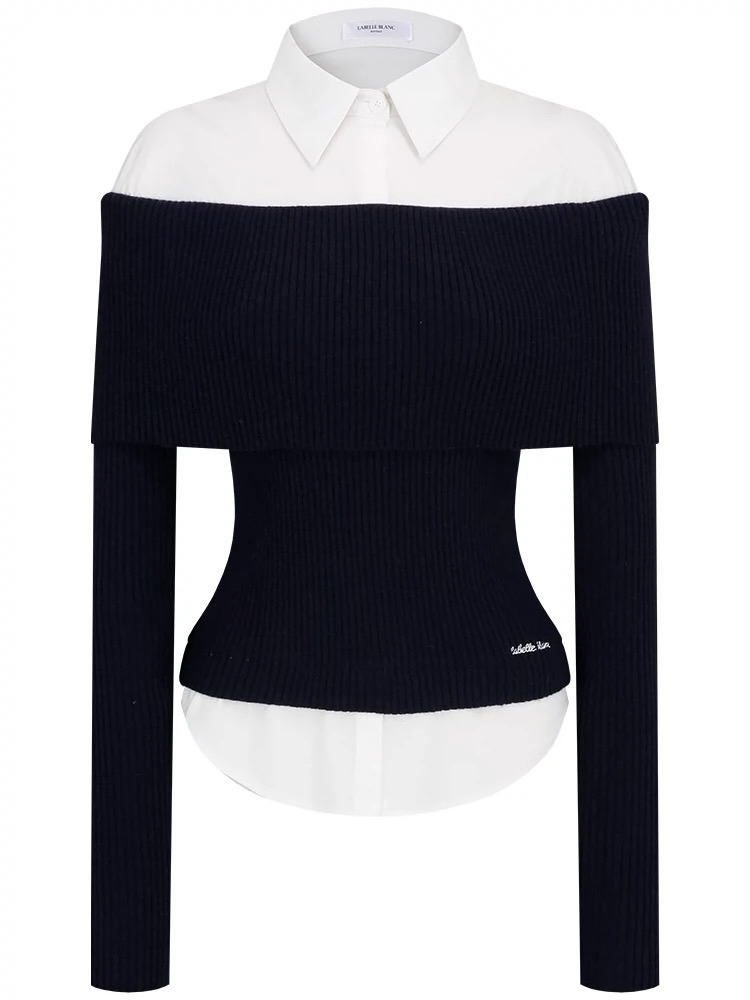Off-Shoulder Spliced Two-Piece Wool Knit Dress Pants Set - Stylish Sweater Look for Y2K and 90s Fashion Enthusiasts