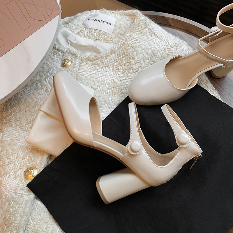 Off-White Chunky Heel One-Strap Mary Jane Shoes - Light Luxury Korean Style High Heels for Versatile Fashion Looks
