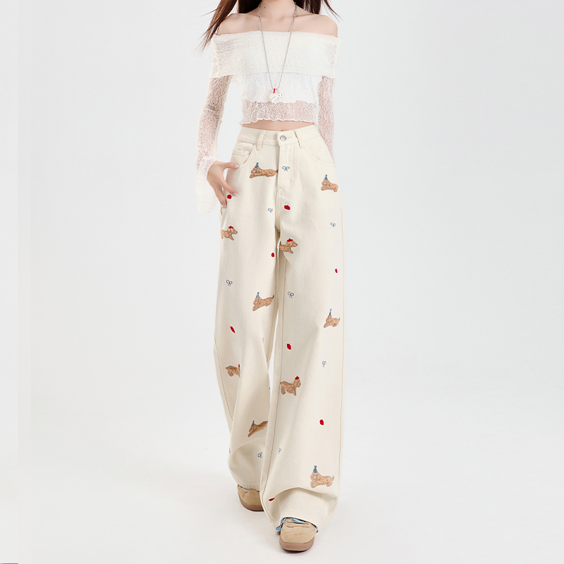 Off-White Embroidered Wide-Leg Jeans for Women, Fleece-Lined Loose-Fitting Straight-Leg Pants, Autumn Winter 2024 Fashion