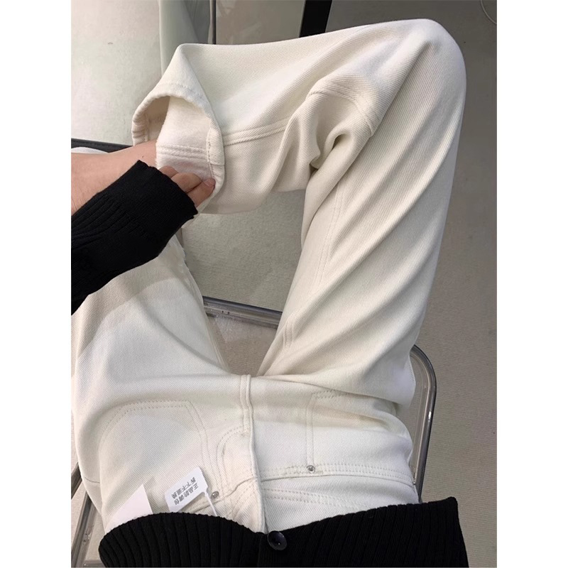 Off-White High-Waisted Fleece Narrow Wide-Leg Jeans for Women - Petite Sizes, 2024 Autumn Winter Straight Pants