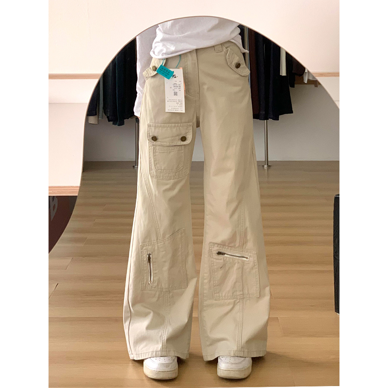 Off-White Slightly Flared Workwear Denim Pants for Women, Summer Loose Wide-Leg Trousers, Slimming Straight-Leg, Floor-Length Style