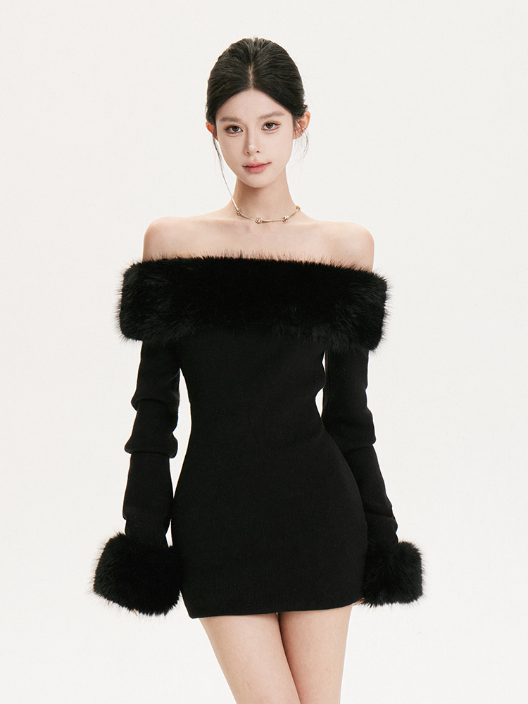 One-Shoulder Fur Long Sleeve Dress - Pure Desire Hot Girl Style - Autumn/Winter Niche Design for a Chic Look