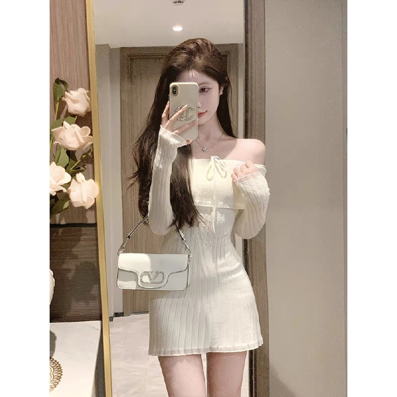 One-Shoulder Knitted Dress for Women, French Style, Slim Fit Waist Design, Off-Shoulder Short Skirt for Spring and Autumn Fashion