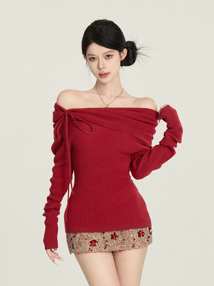 One-Shoulder Knitted Sweater for Women, Sexy Off-Shoulder Long Sleeve Top, Winter Lazy Style, Cozy Knit Fashion