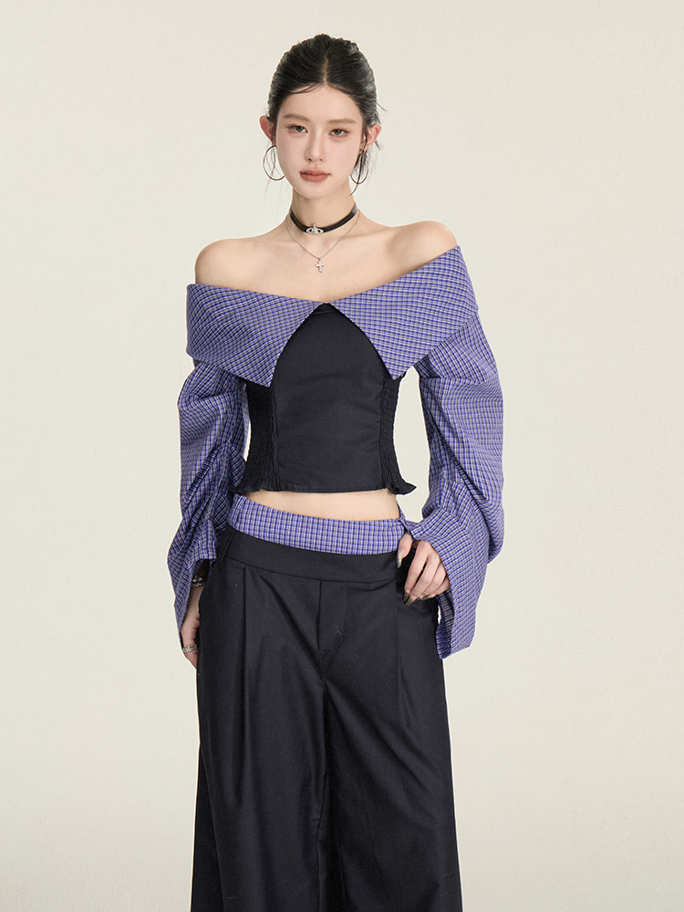 One-Shoulder Plaid Spliced Slim-Fit Top with Casual Long Pants - Spring Summer 90s College Style Fashion Set