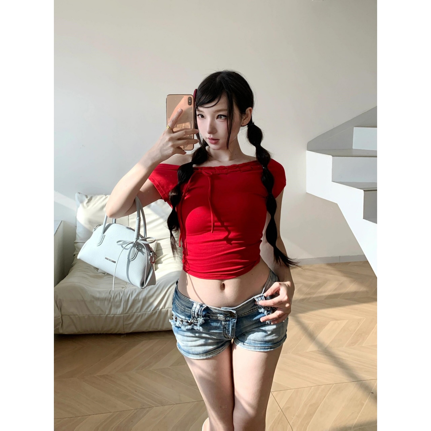 One-Shoulder Red Backless Short-Sleeve T-Shirt for Women, Summer Fitted Cropped Top, Sexy Y2K American Style Outfit