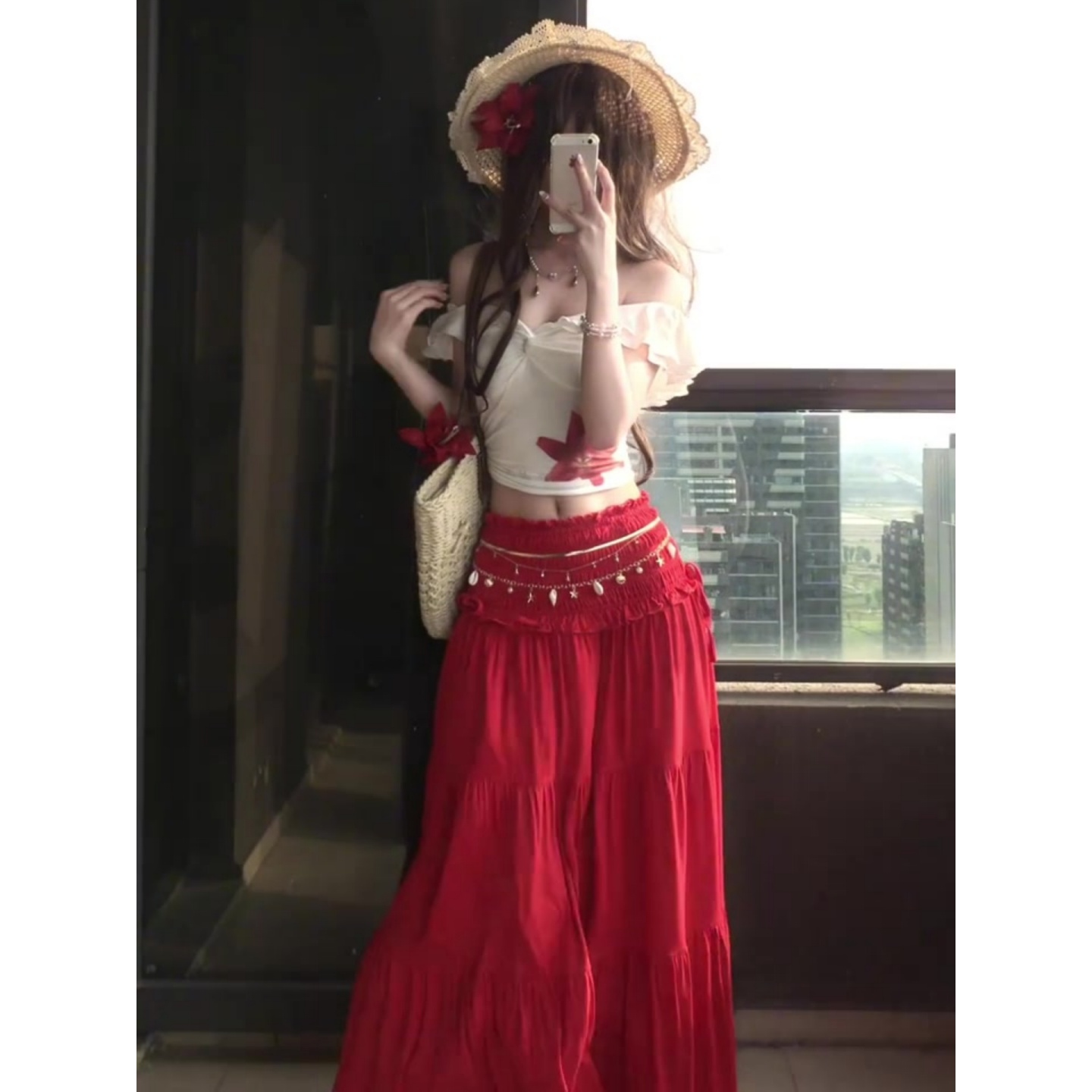 One-Shoulder Ruffled Top and Red Half-Length Skirt Two-Piece Set for Women - Summer Vacation Style, Trendy & Chic